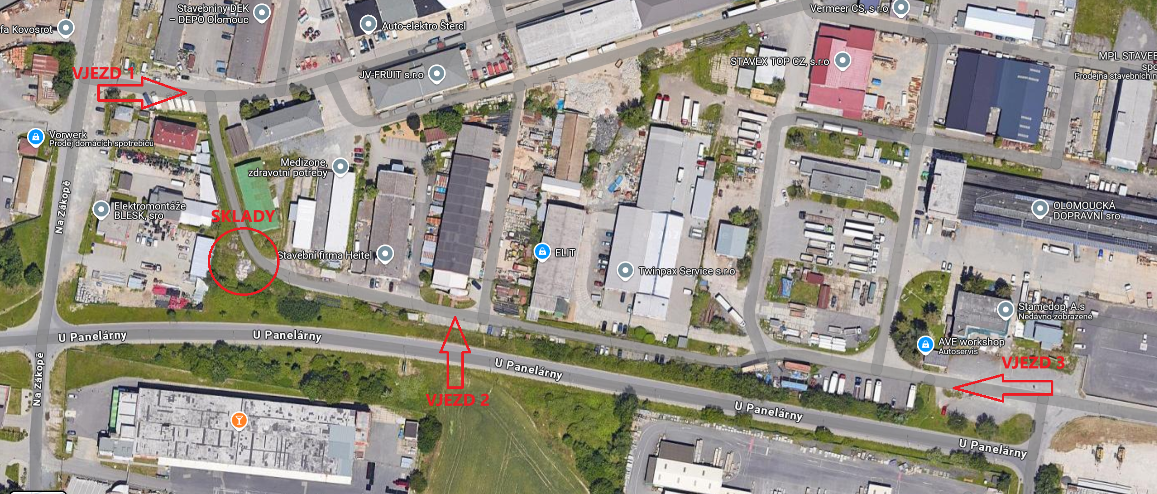 Mapa vjezdů do areálu - Sklady Olomouc